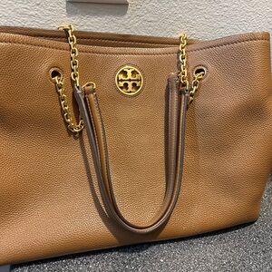 Tory Burch Tan Leather Tote with Gold Accents